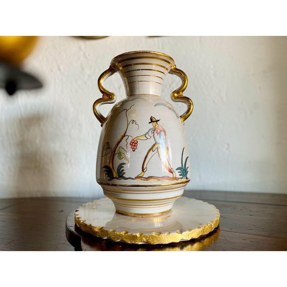 Vt Mid Century Italian Ceramic Vase Hand Painted Harvest Scene Gold Gilt Handles
